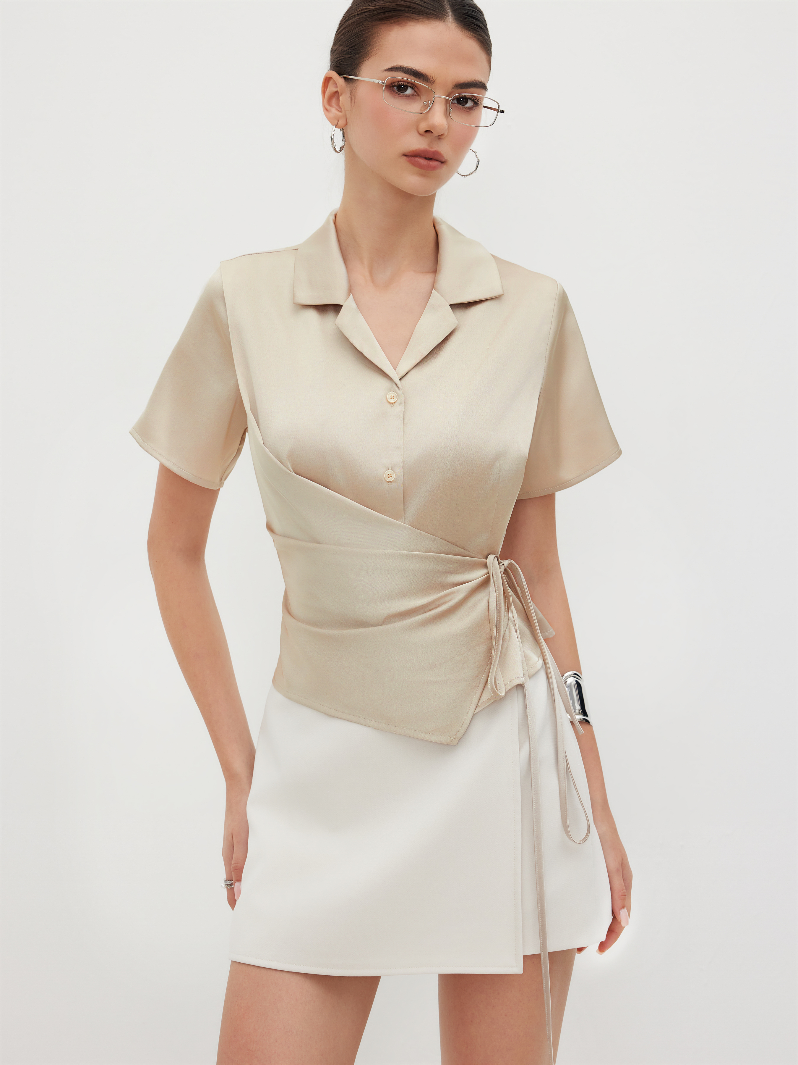 Satin Satin Collar Knotted Shirt For Work