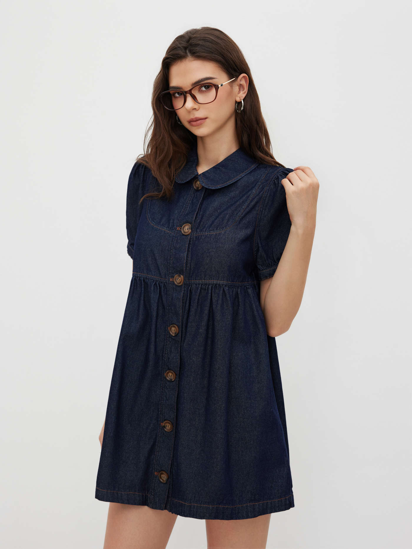 Denim Denim Peter Pan Collar Button Puff Sleeve Mini Babydoll Dress For School