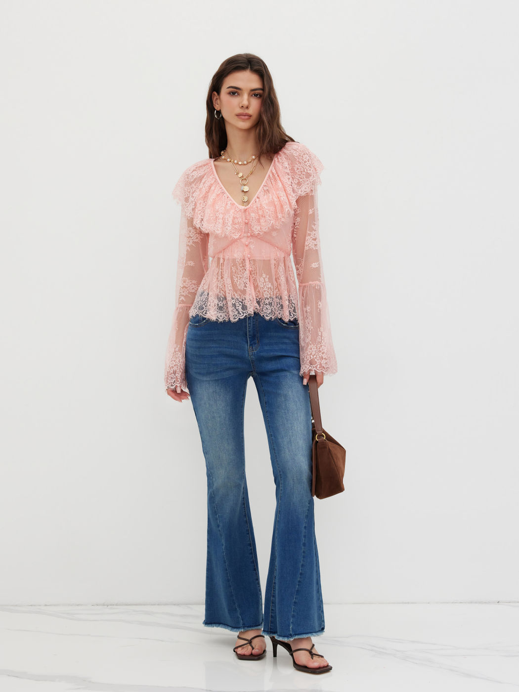 Two Pieces Lace Ruffle Hem Blouse With V-neck Cami Top
