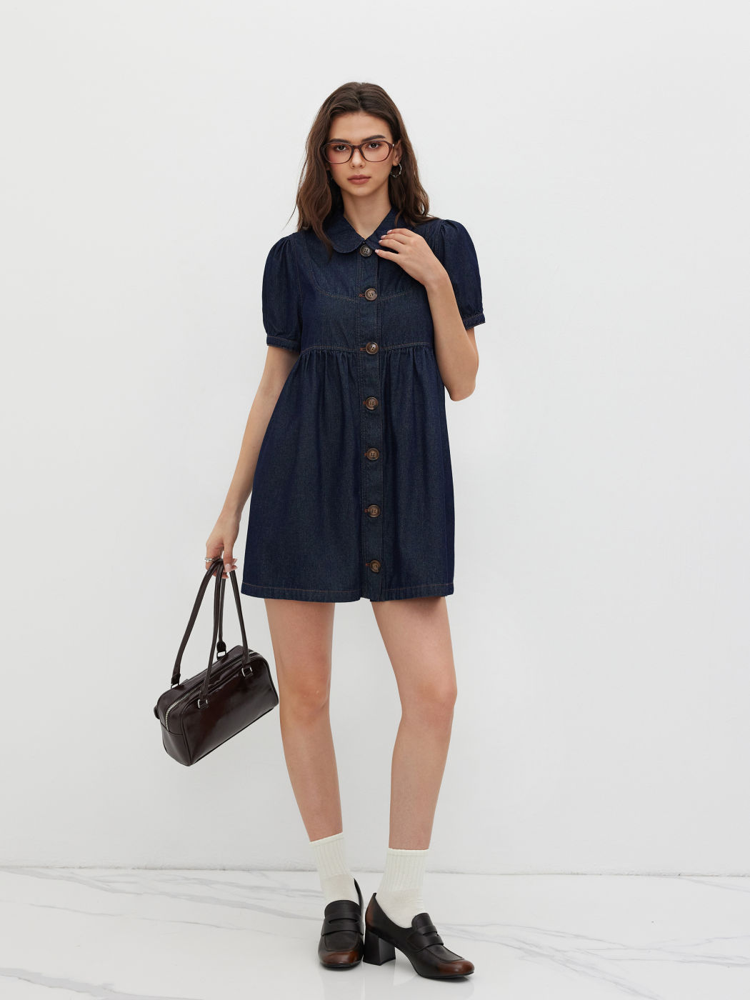 Denim Peter Pan Collar Button Puff Sleeve Mini Babydoll Dress