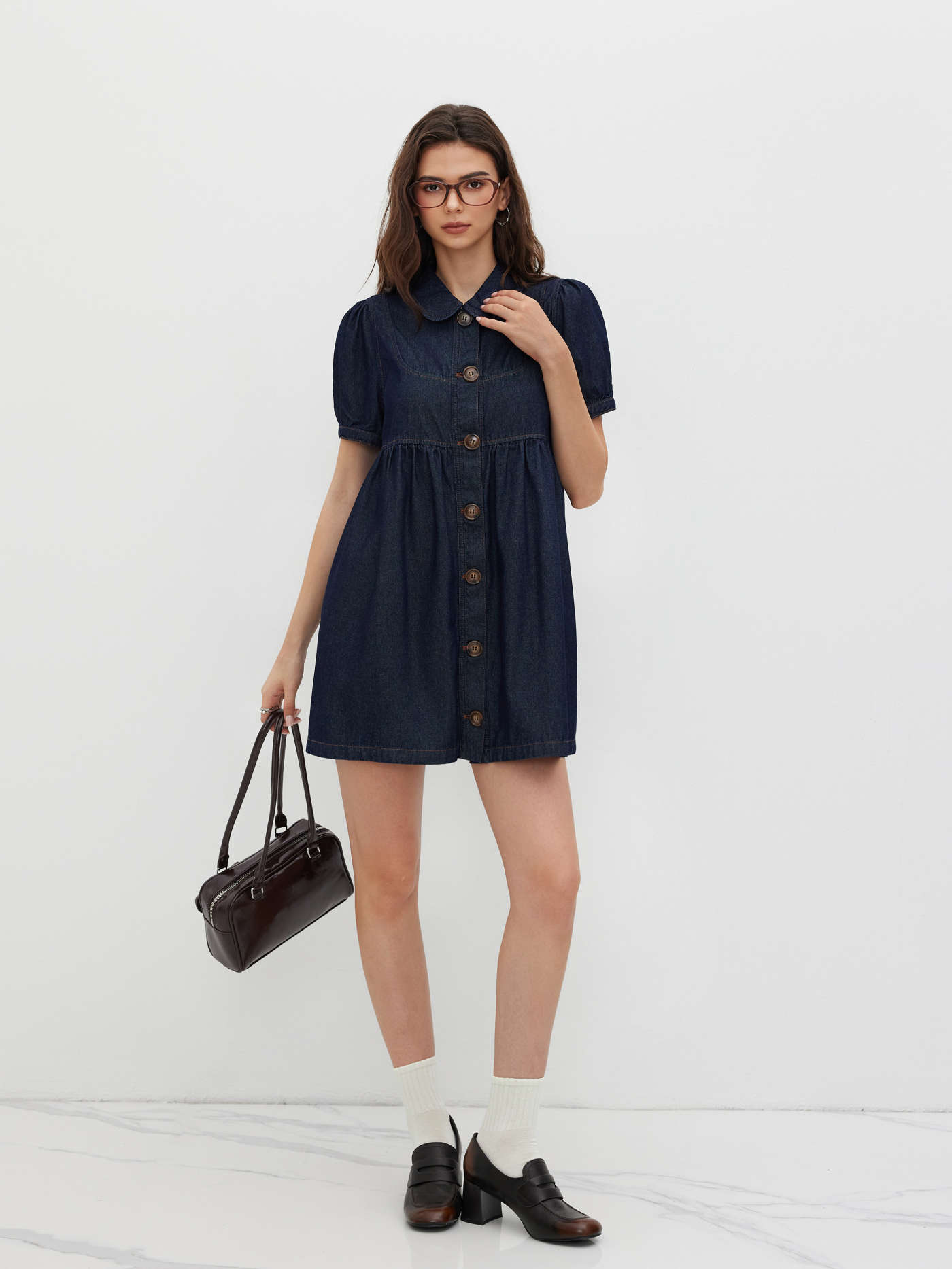 Denim Denim Peter Pan Collar Button Puff Sleeve Mini Babydoll Dress For School