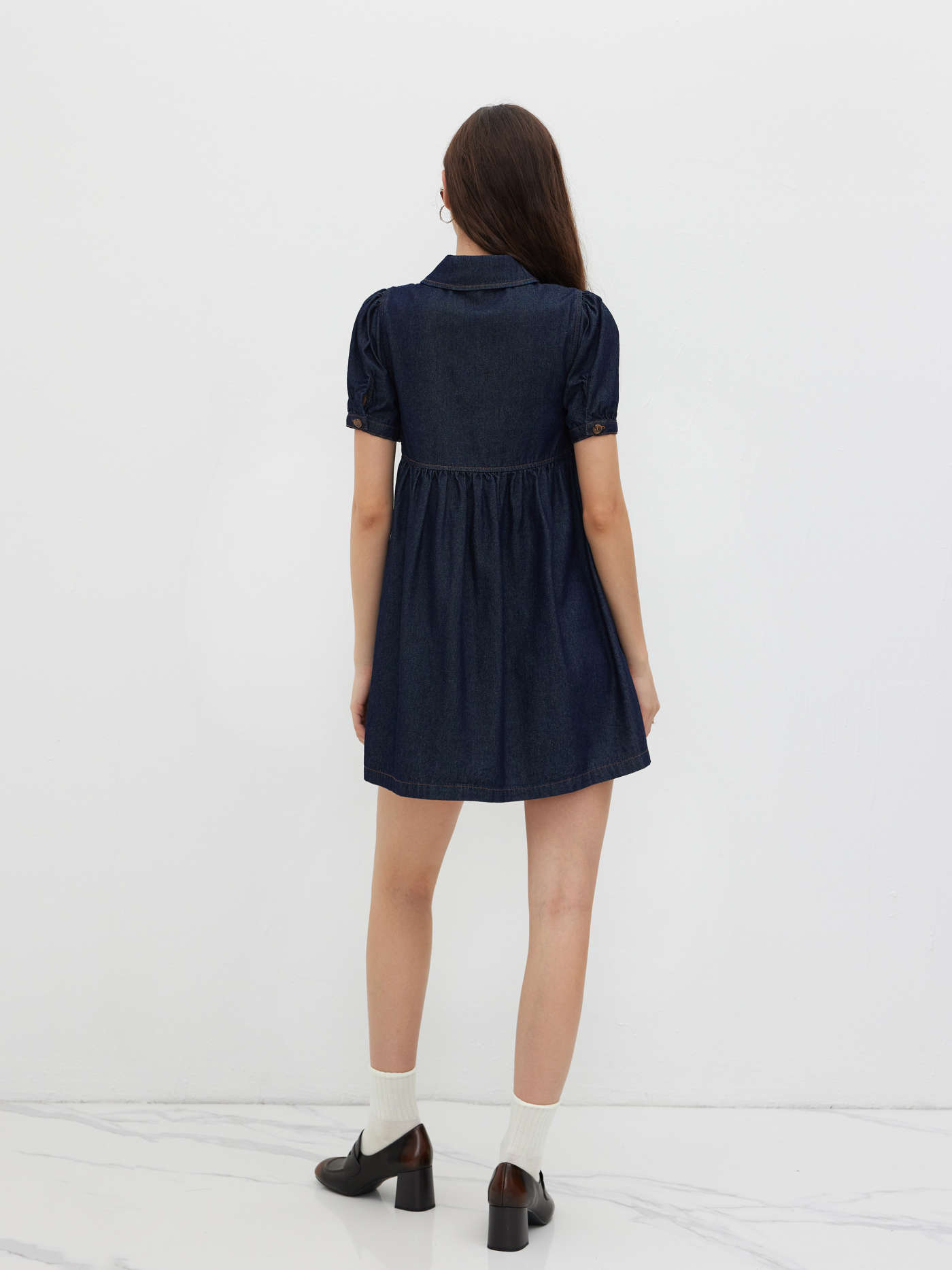 Denim Denim Peter Pan Collar Button Puff Sleeve Mini Babydoll Dress For School