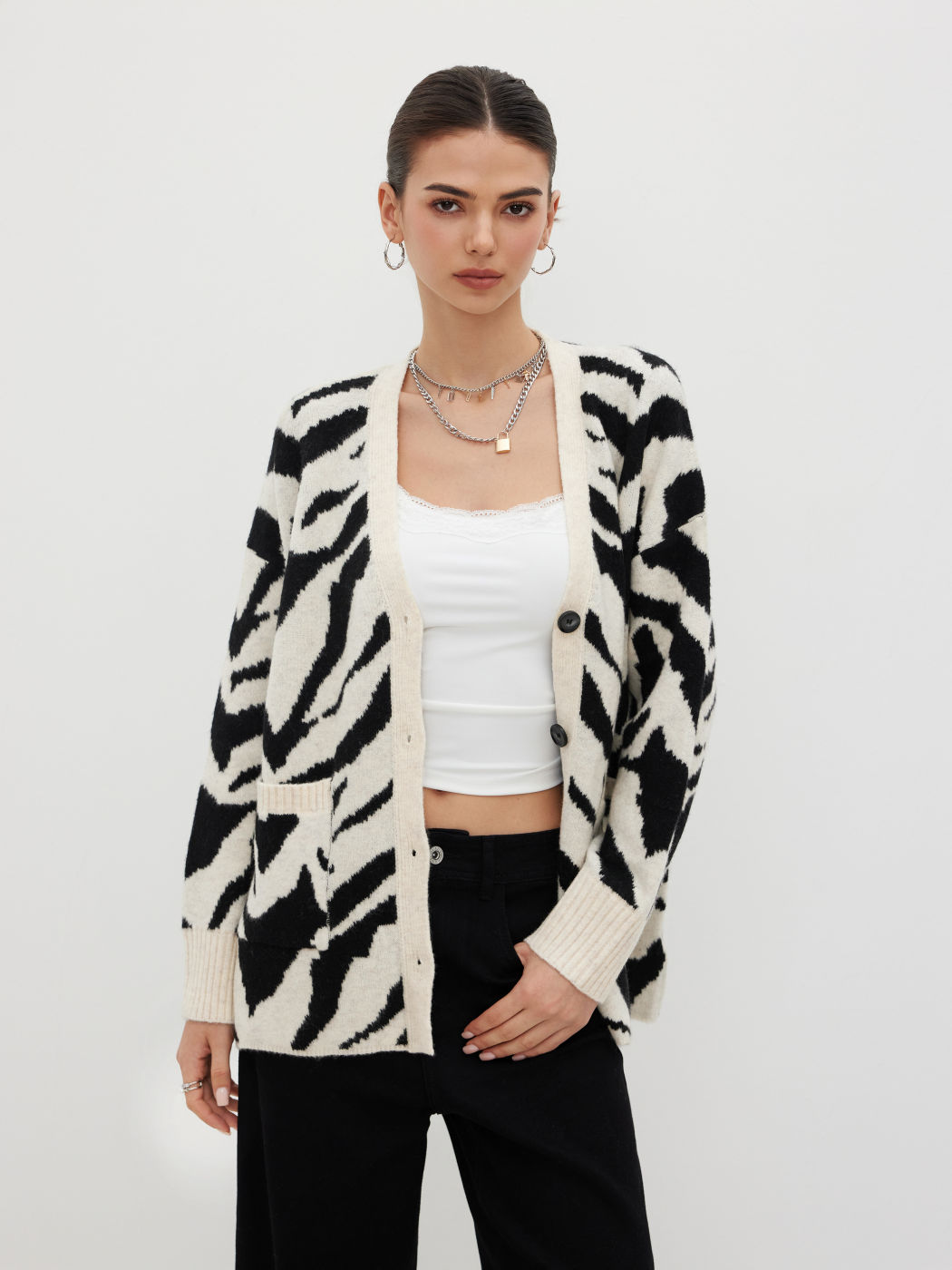 Knit V-neck Zebra Striped Oversized Cardigan