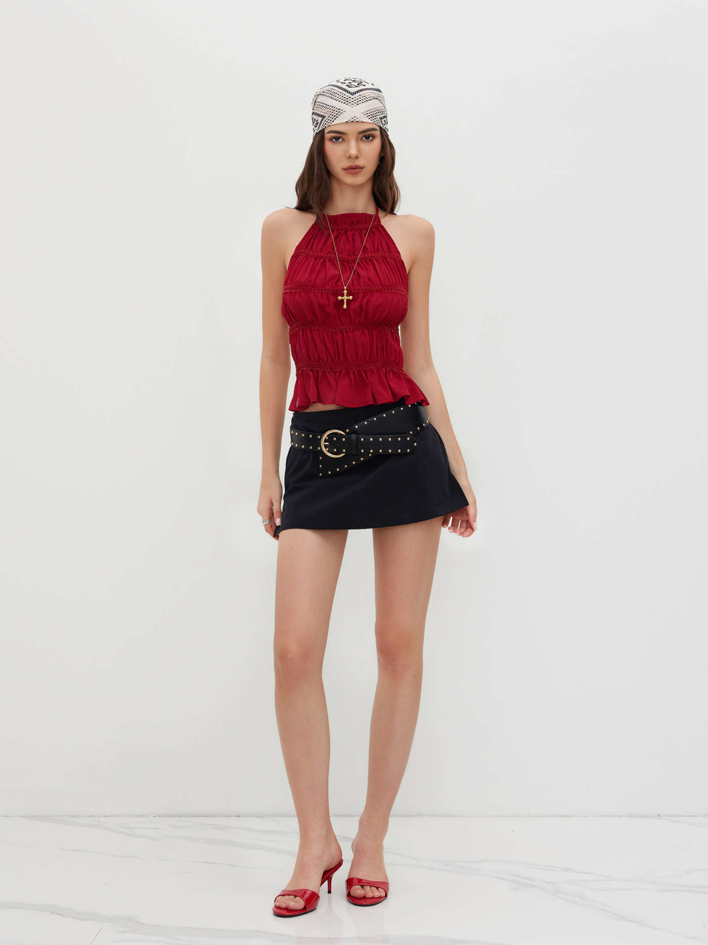 Chiffon Halter Neckline Knotted Ruched Backless Top