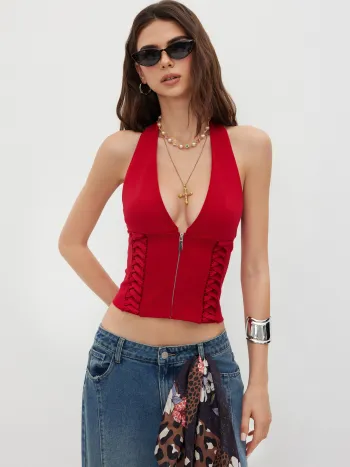 V-Ausschnitt Halter-Reißverschluss-Laces-Up Oberteil