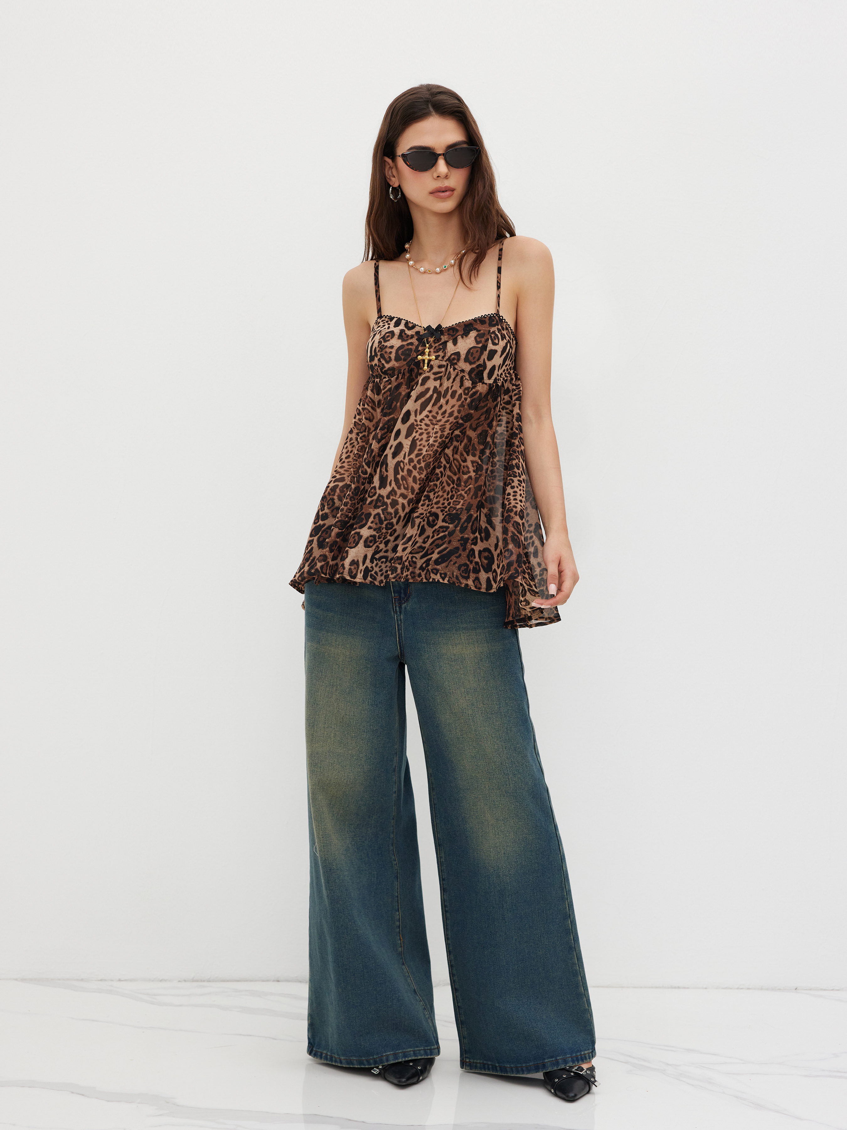 Chiffon Leopard Bowknot Oversized Mini Nightdress
