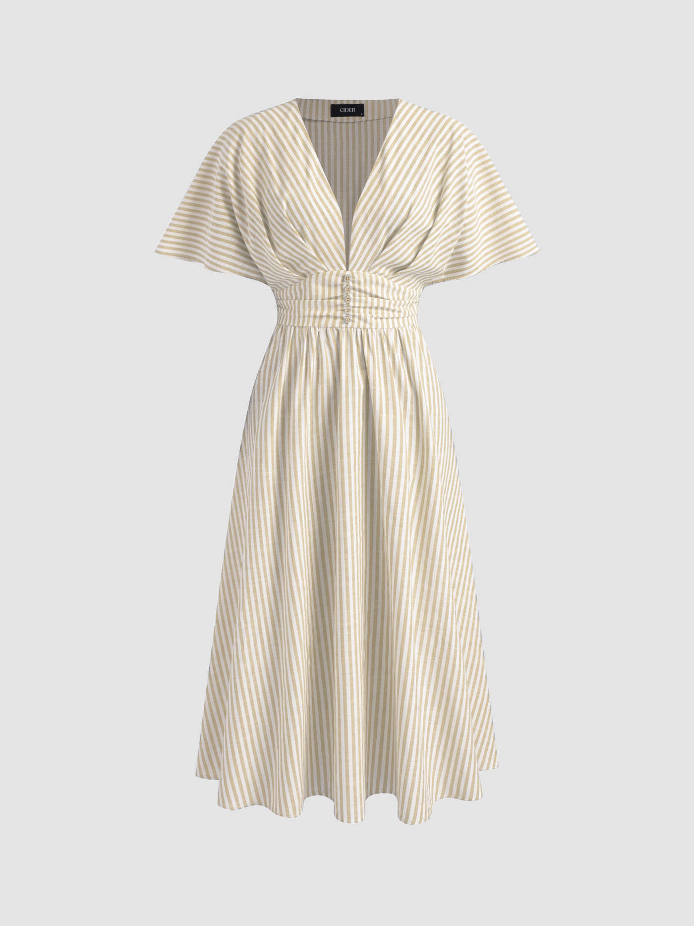 Woven Cotton-blend V-neck Striped Ruched Button Maxi Dress For Holiday