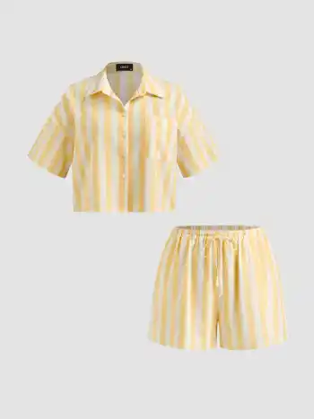 Baumwollkragen Streifen Oversize Shirt & Mittelhohe Shorts mit Reißverschluss Kurve & Plus