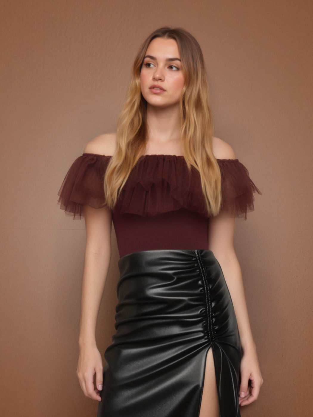 Ruffle Tulle Off-Shoulder Bodysuit