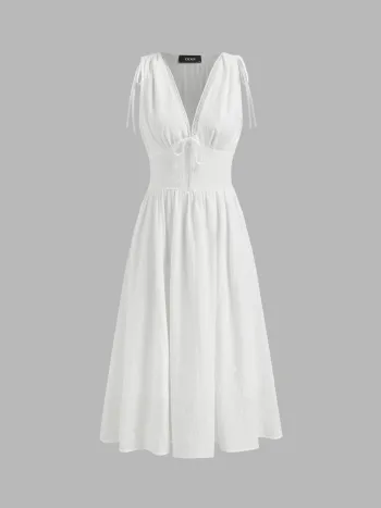 Baumwoll-Maxi-Kleid mit V-Ausschnitt, Knoten und Spitzenrand