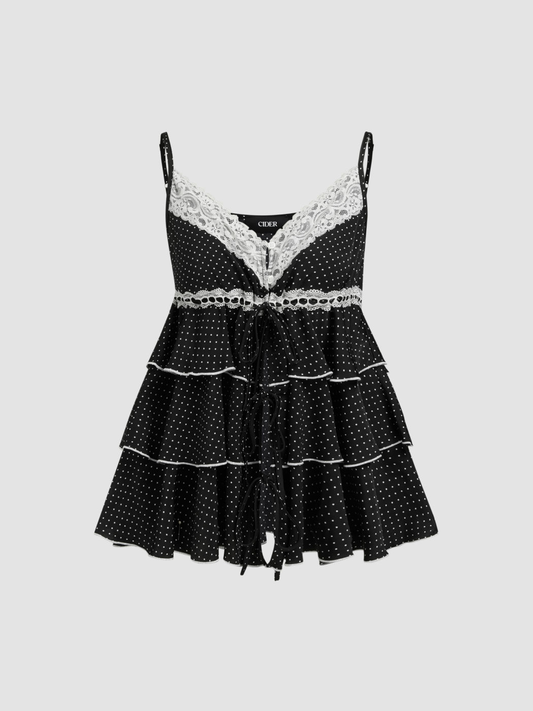V-neck Polka Dot Ruffle Layered Lace Tie Front Cami Top