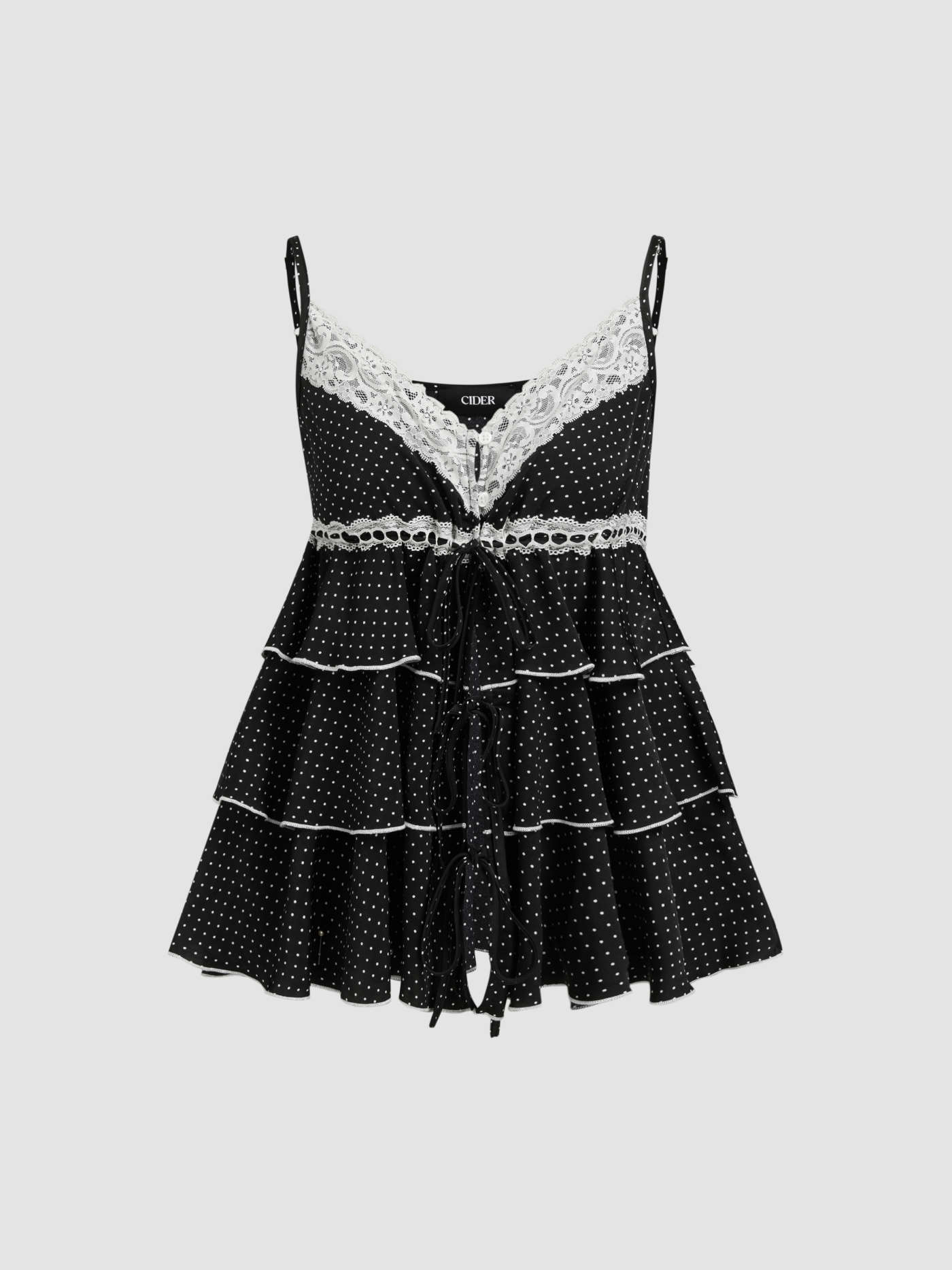 V-neck Polka Dot Ruffle Layered Lace Tie Front Cami Top