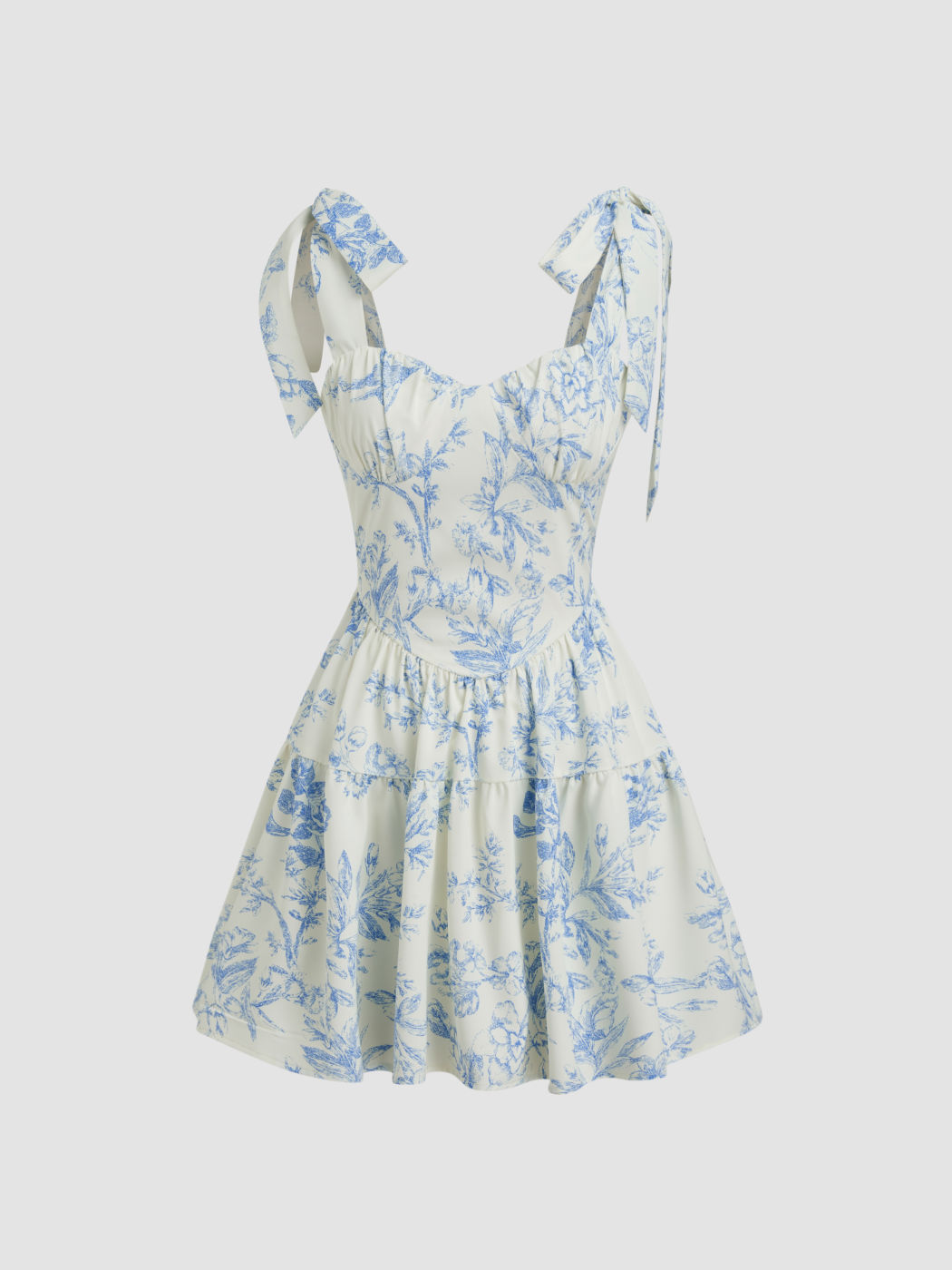 Square Neck Floral Ruffle Hem Knotted Mini Dress