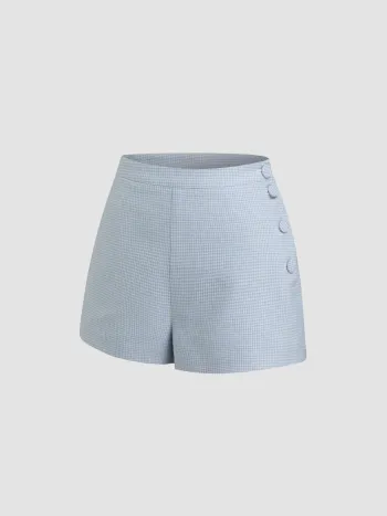 Linen-blend Mid Rise Houndstooth Side Button Shorts