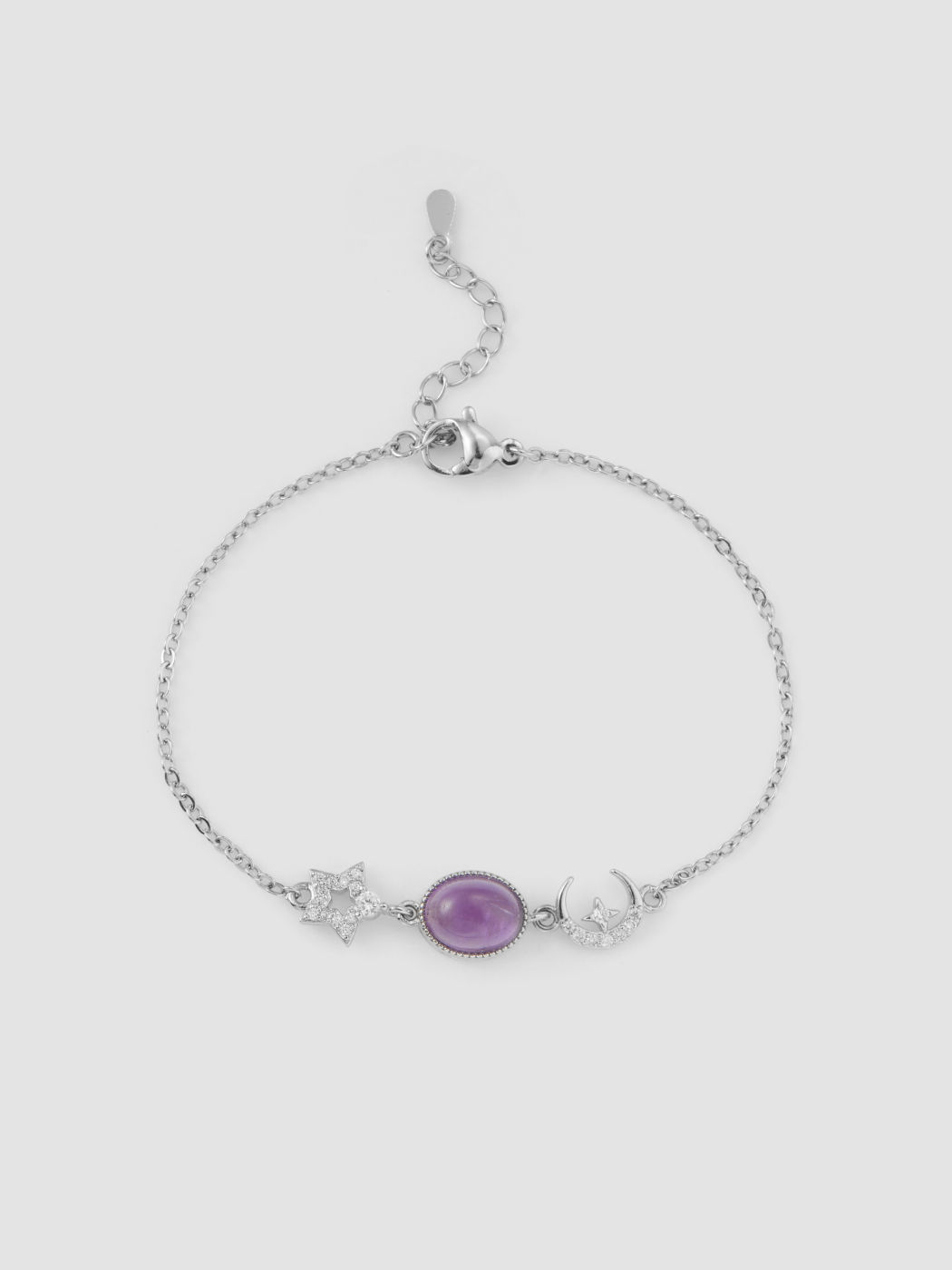 AMETHYST CRYSTAL & RHINESTONE MOON & RHINESTONE STAR CHAIN BRACELET