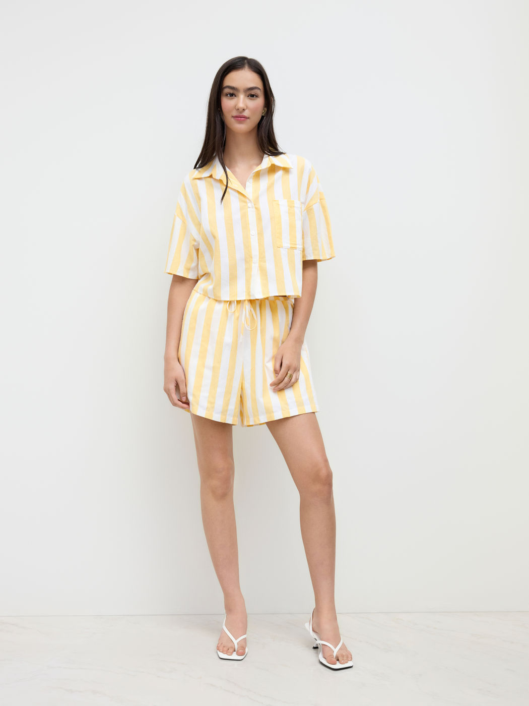 Cotton Collar Stripe Oversized Shirt & Mid Rise Drawstring Shorts Set