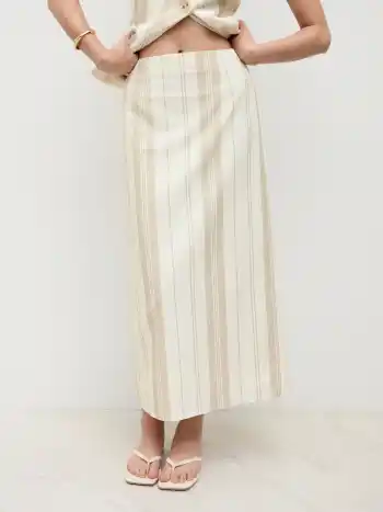 Leinen-Mischung Mittelhöhe Streifen Split A-Linie Maxi-Skirt