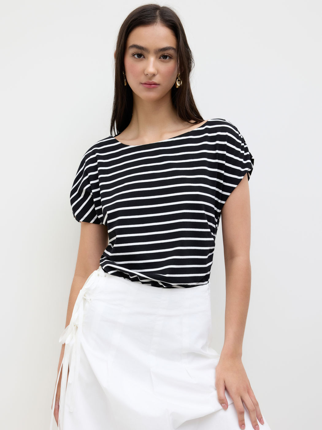 Cotton-blend Asymmetrical Neck Stripes Bodysuit