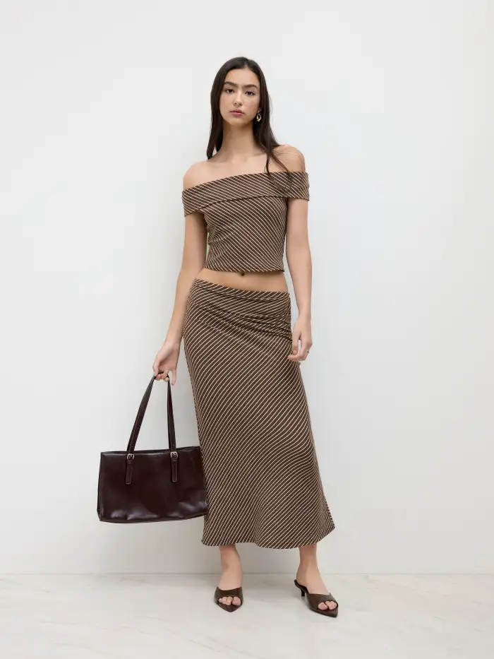 Cotton-blend Off-shoulder Stripes Top & Mid Rise Ruched Maxi Skirt Set