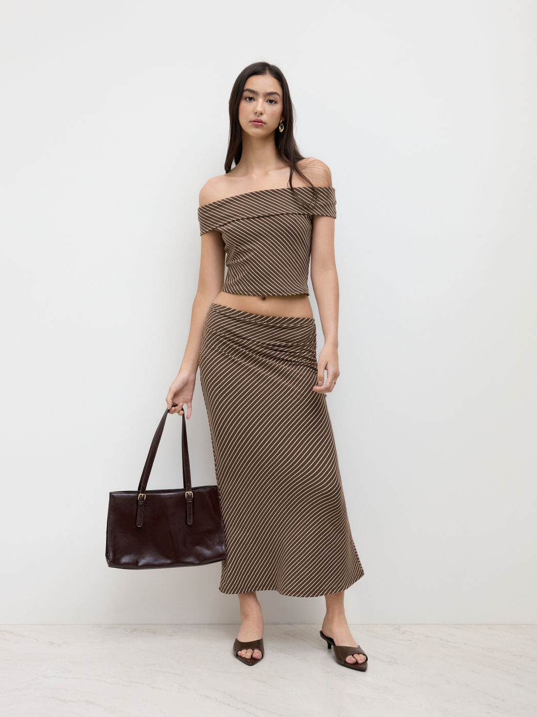 Cotton-blend Off-shoulder Stripes Top & Mid Rise Ruched Maxi Skirt Set