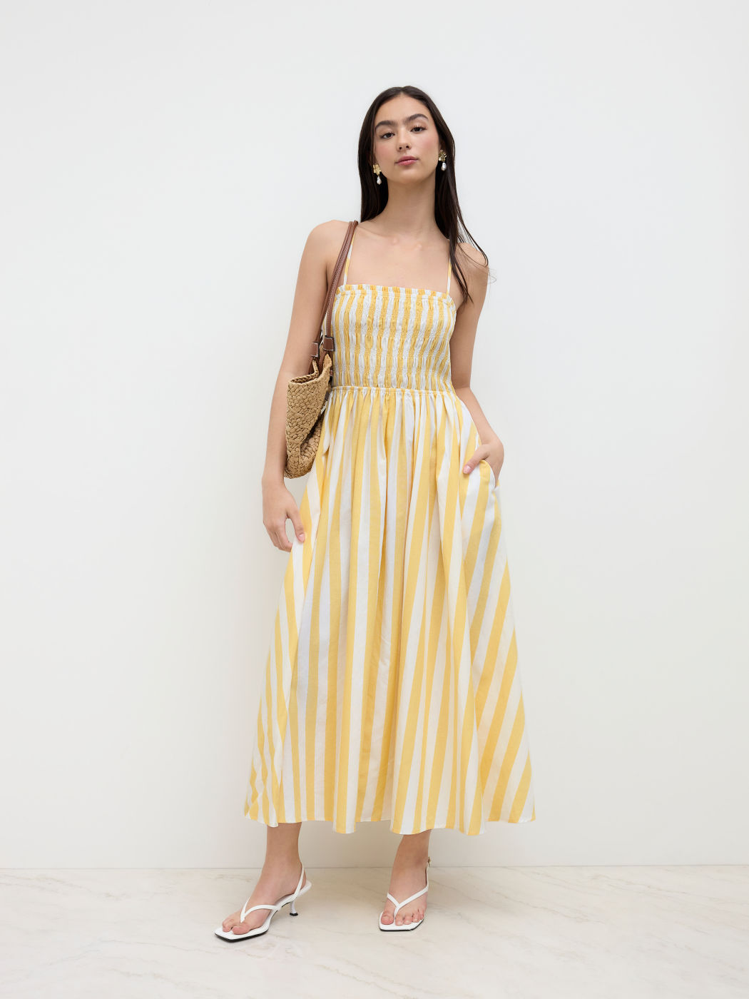 Cotton Stripe Shirred Cami Maxi Dress