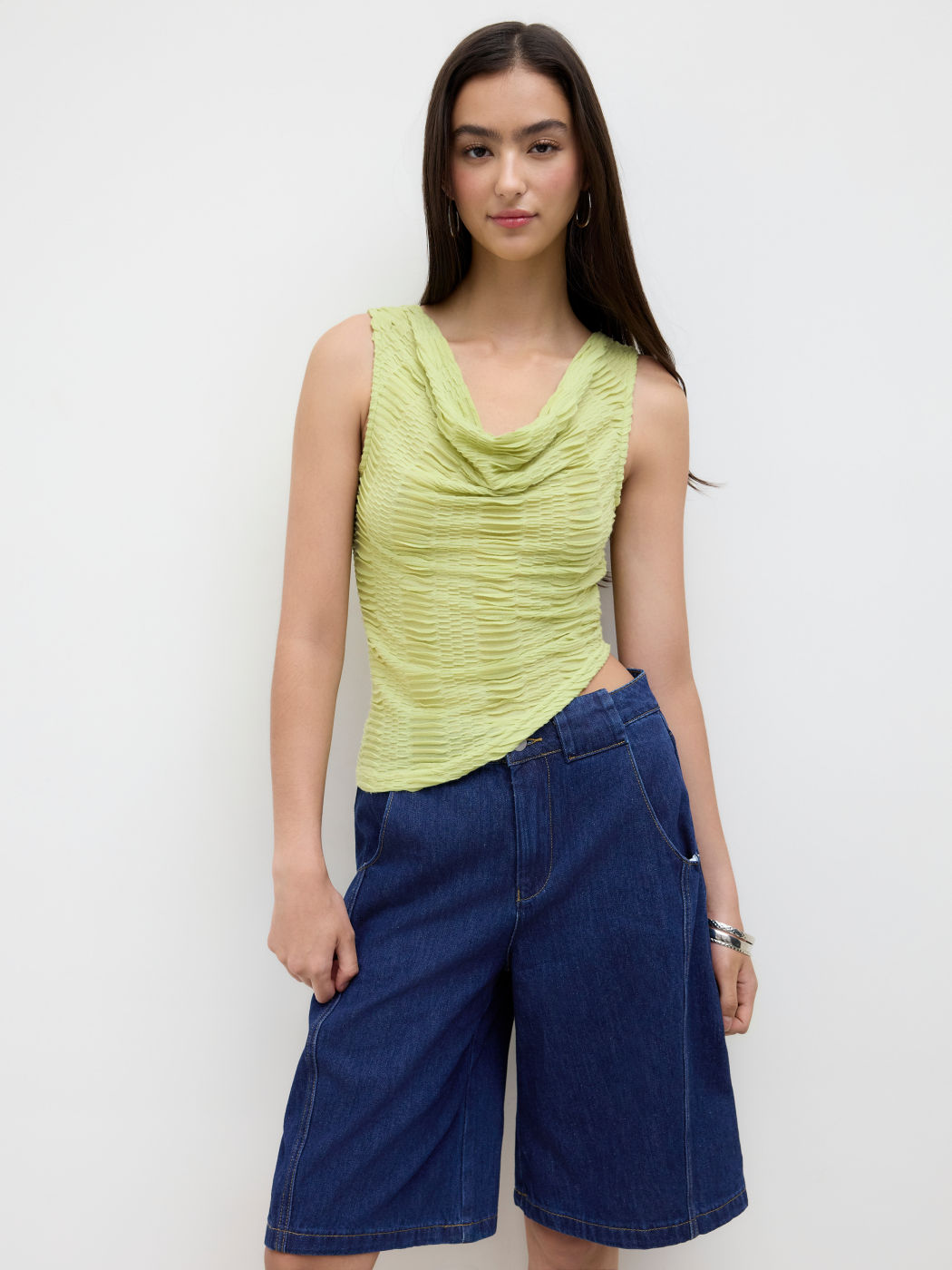 Cowl Neck Asymmetrical Hem Texture Tank Top