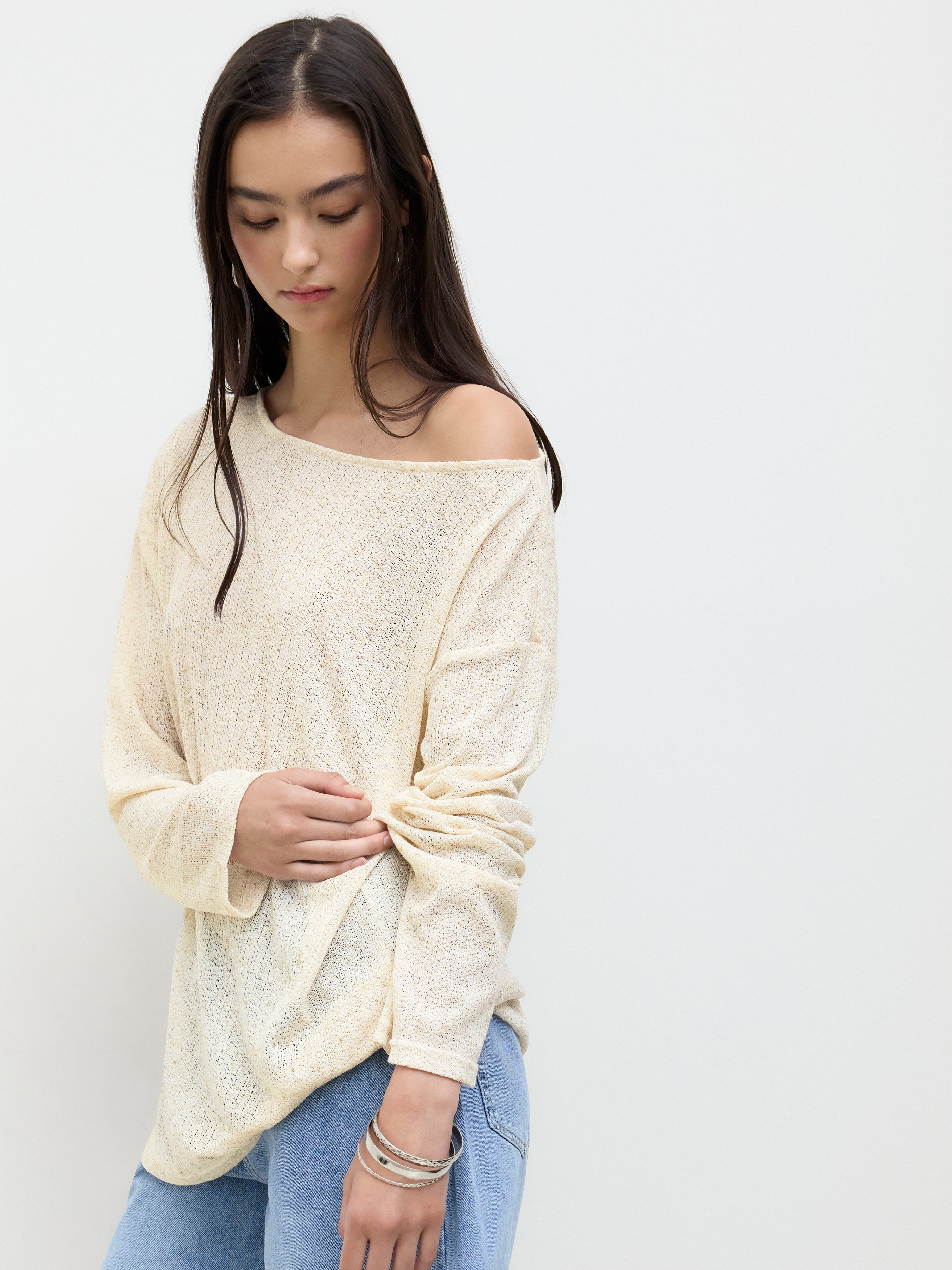 Linen-blend Boat Neck Oversized Long Sleeve Top