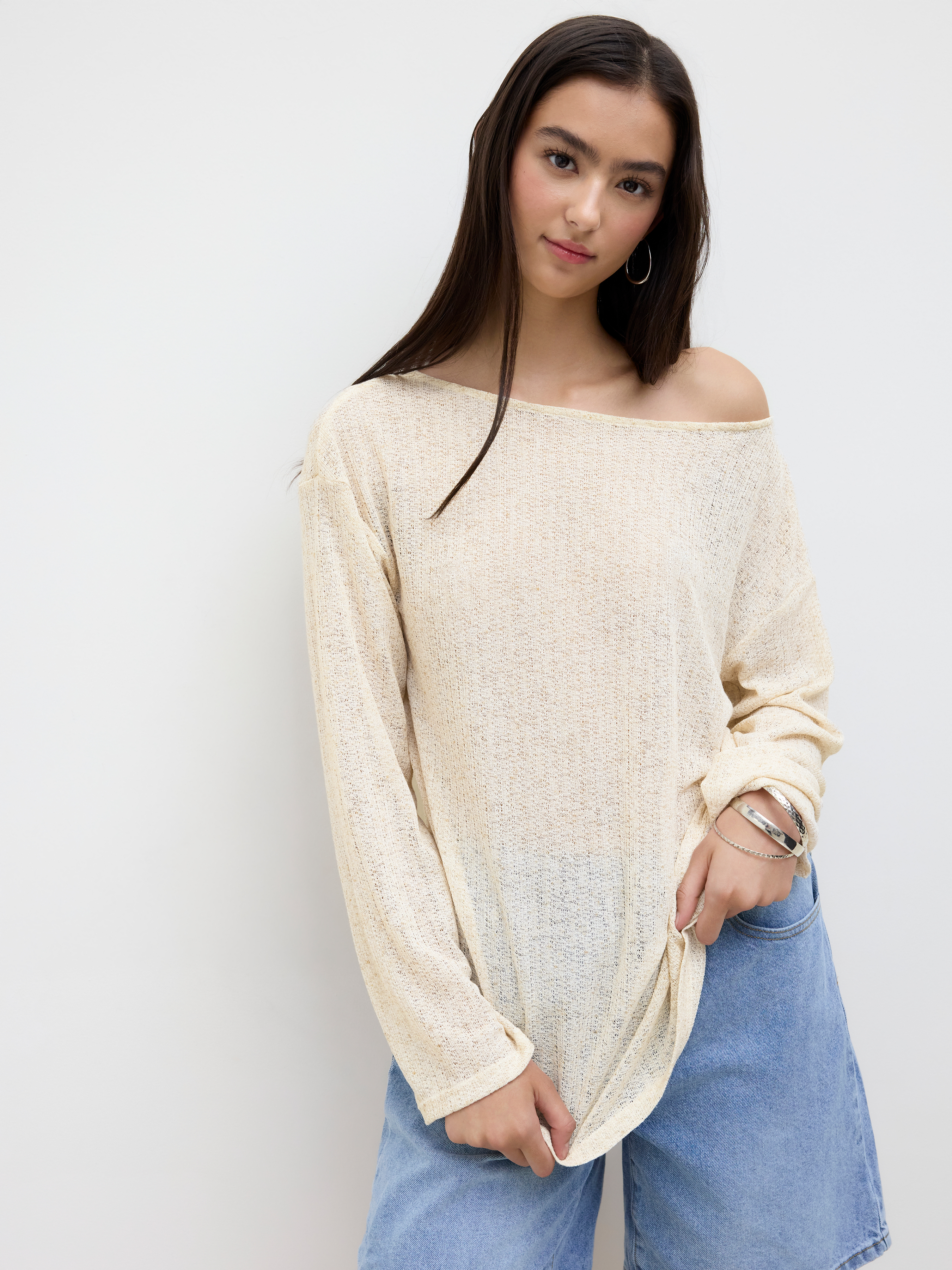 Linen-blend Boat Neck Oversized Long Sleeve Top