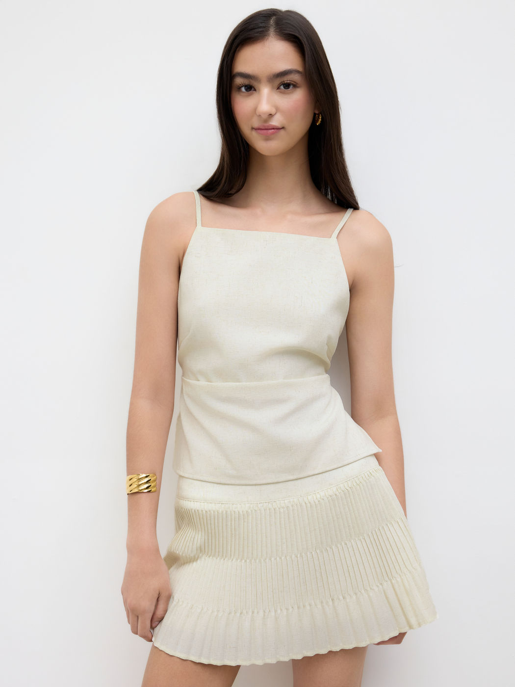 Linen-blend Ruched Knotted Cami Top