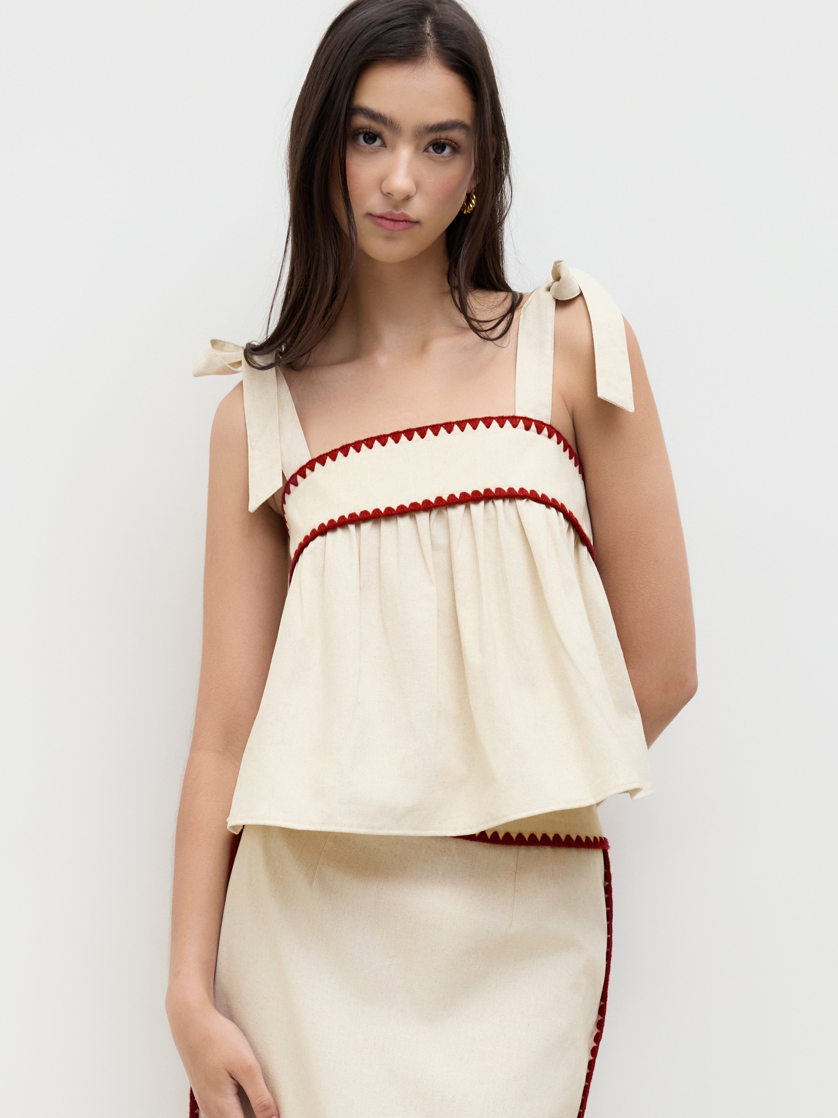 Cider Linen-blend Knotted Contrasting Binding Oversized Cami Top