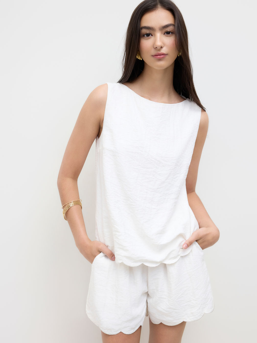 Linen-blend Boat Neck Oversized Wave Hem Tank Top & Mid Rise Shorts Set