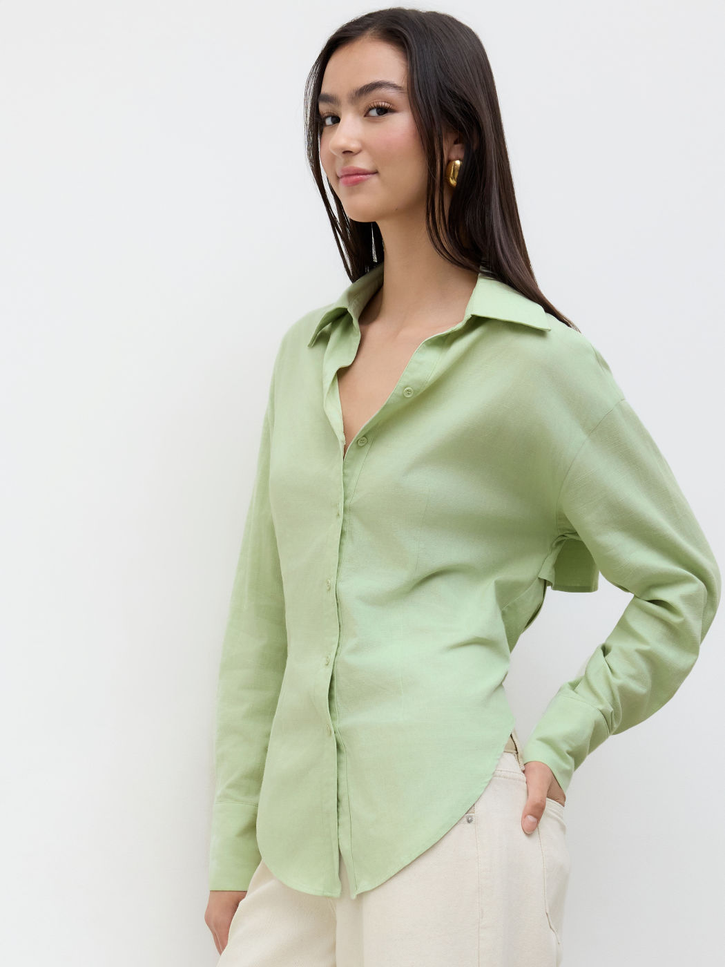 Linen-blend Polo Neck Asymmetrical Hem Knotted shirt