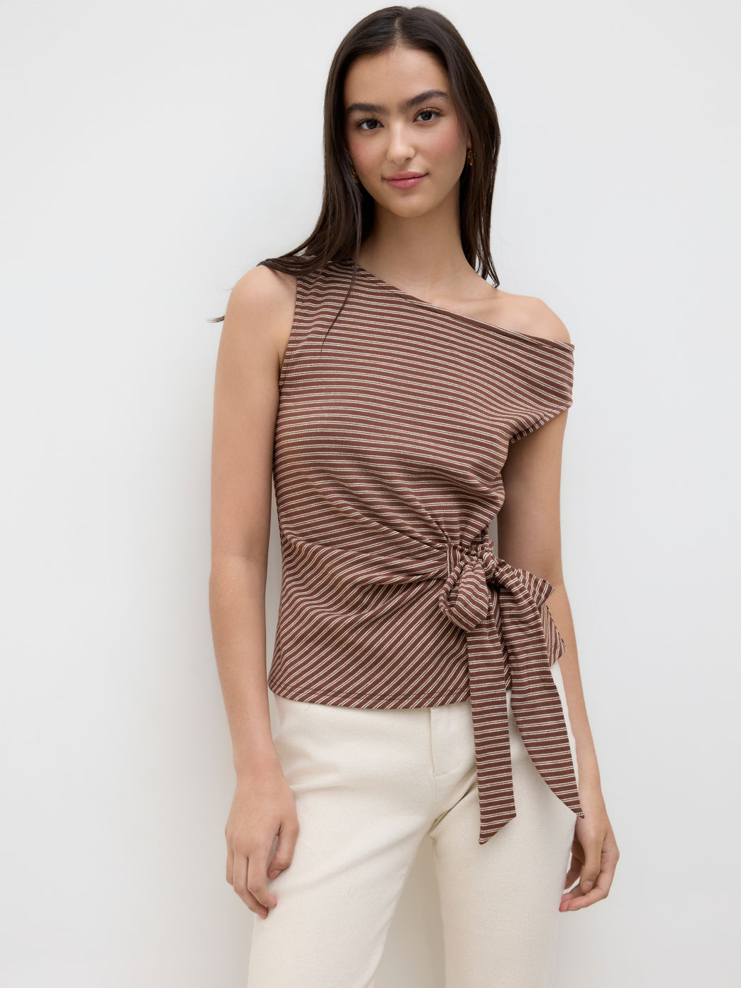100% Cotton Asymmetrical Neck Bowknot Stripes Tank Top