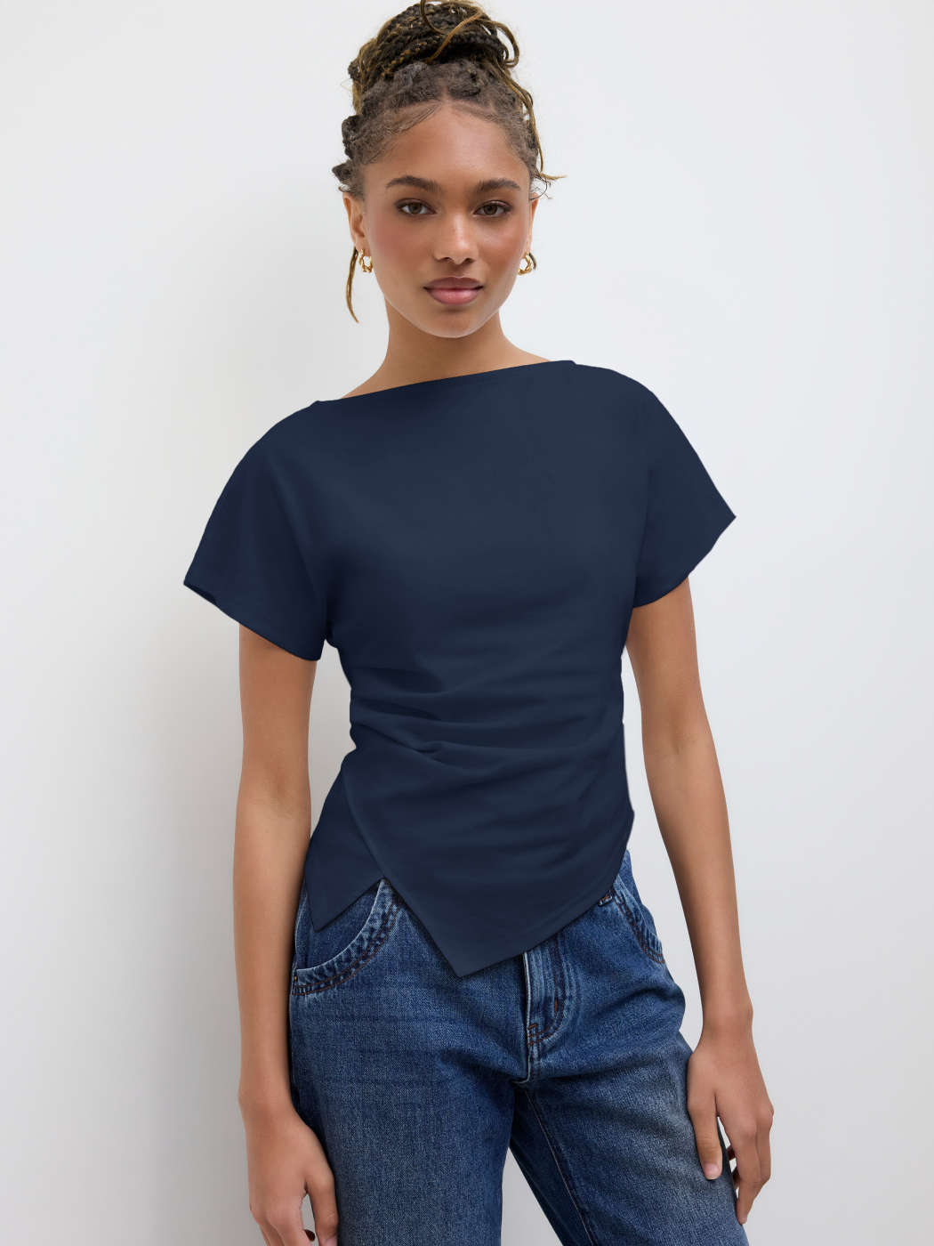 Tessuto in maglia T-shirt asimmetrica arricciata con orlo a barchetta in misto cotone For Casual per tutti i giorni