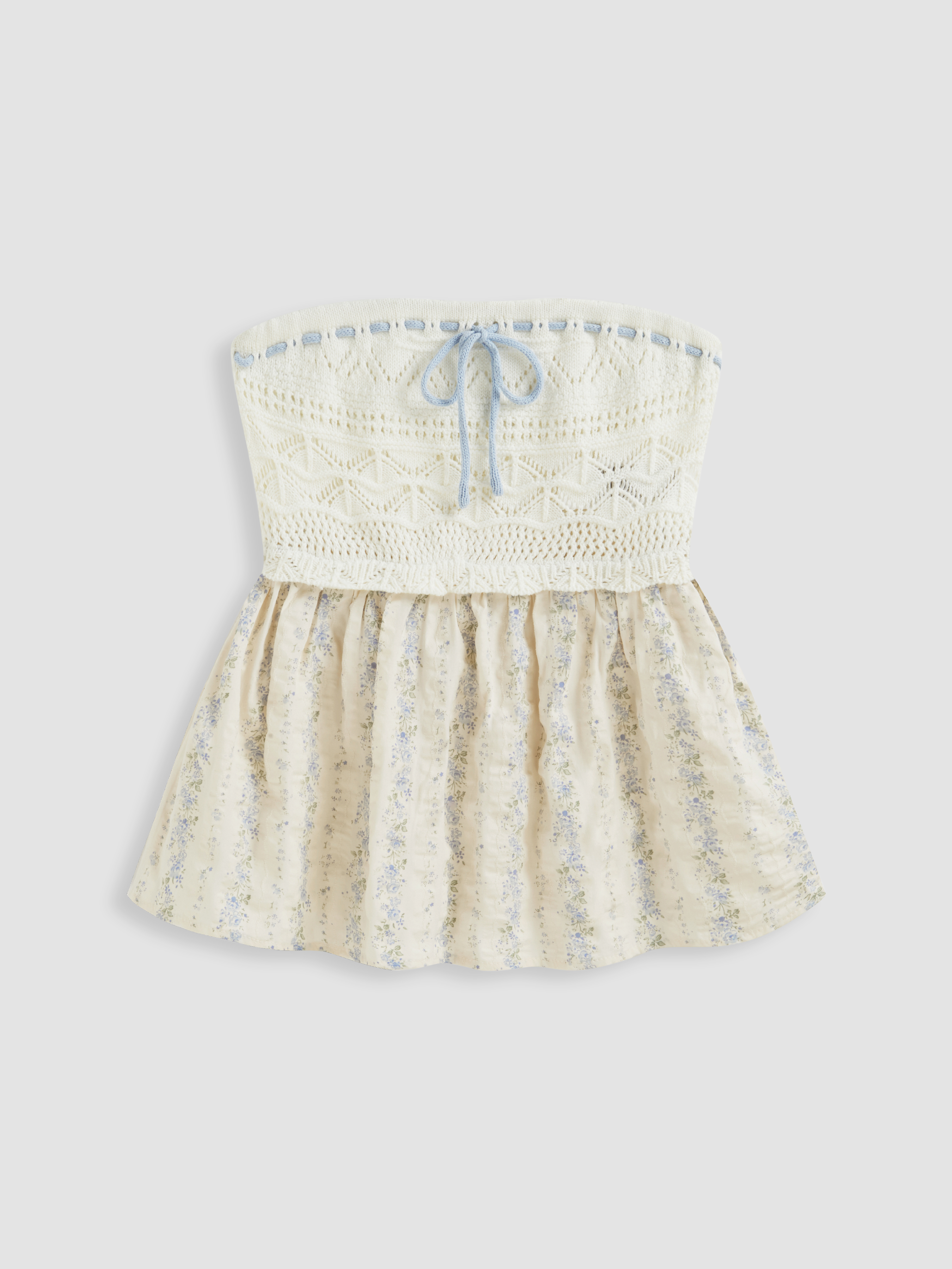 Top Bandeau en Maille Floral avec Effet de Perforation, Nœud Papillon et Dentelle Crochet