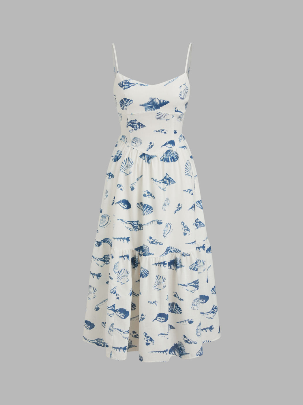 Midi-Kleid mit Herzausschnitt, Meeresfrüchte-Muster, Rüschen und Schnürung