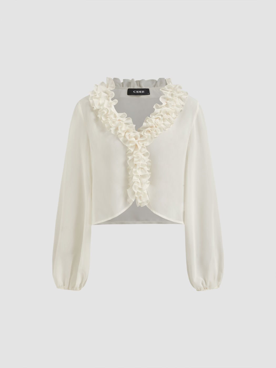 Camicetta in chiffon con scollo a V, orlo a lattuga, volant e maniche a lanterna con ruches