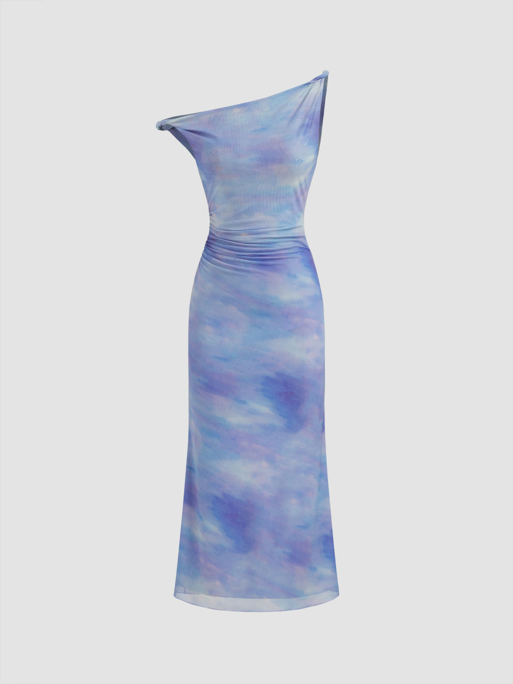 Abito lungo maxi arricciato con illusione asimmetrica in rete sul collo