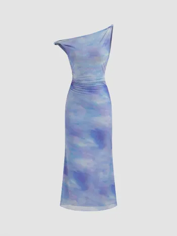Maschen-Asymmetrischer Hals-Illusions-Rusche-Maxikleid