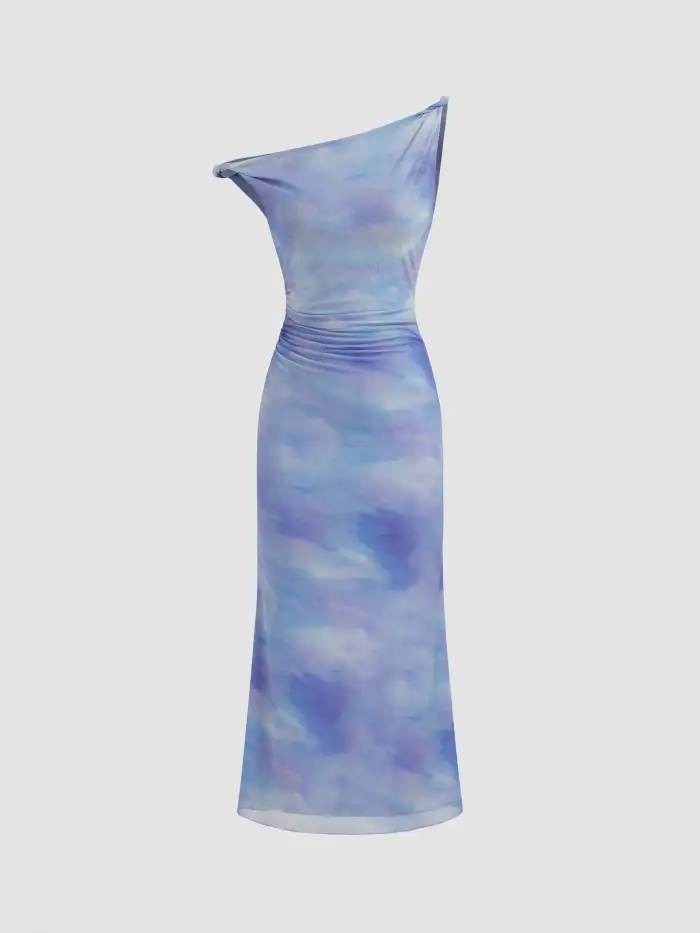Mesh Asymmetrical Neck Illusion Ruched Maxi Dress