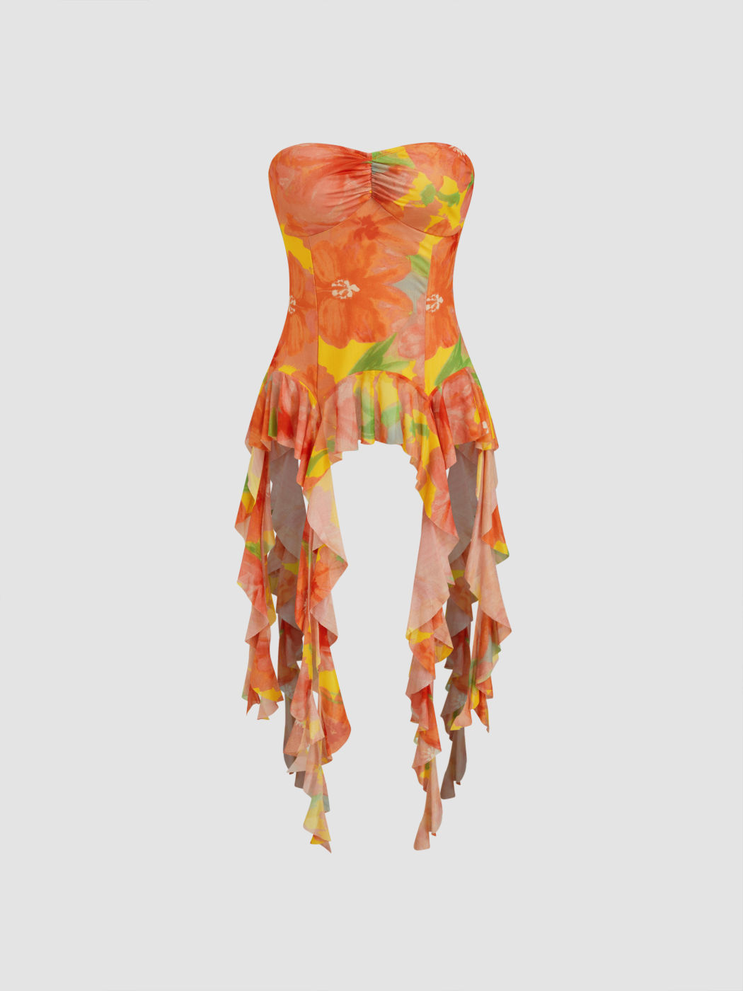 Top a fascia a rete con volant e orlo arricciato con fiori