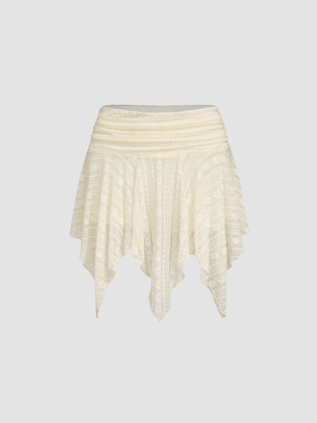 Lace Low Rise Ruched Asymmetrical Ruffle Hem Mini Skort