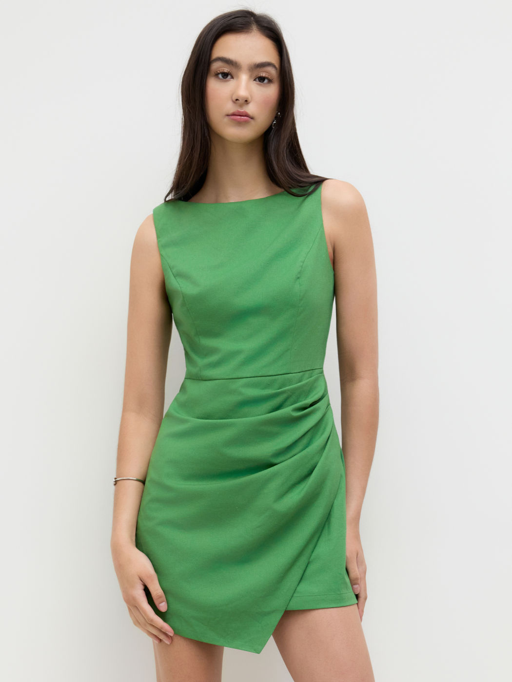 Linen-blend Boat Neck Ruched Mini Dress
