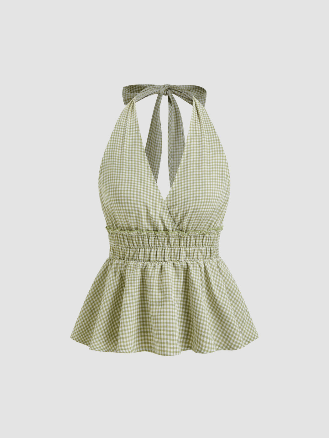 Cotton-blend Halter Neckline Gingham Ruffle Hem Top