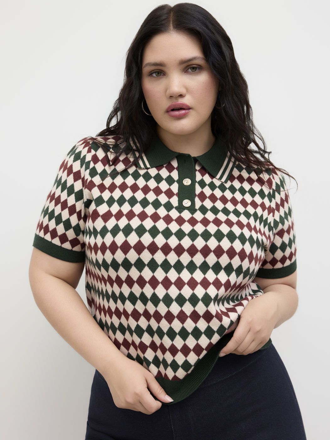 Knit Polo Collar Argyle Short Sleeve Top Curve & Plus