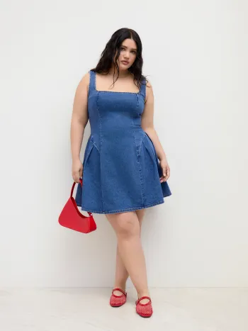 High Stretch Denim Square Neck Ruffle Mini Dress Curve & Plus