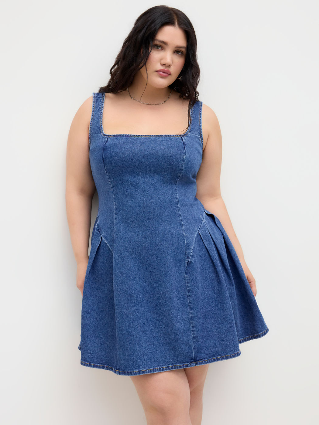 High Stretch Denim Square Neck Ruffle Mini Dress Curve & Plus
