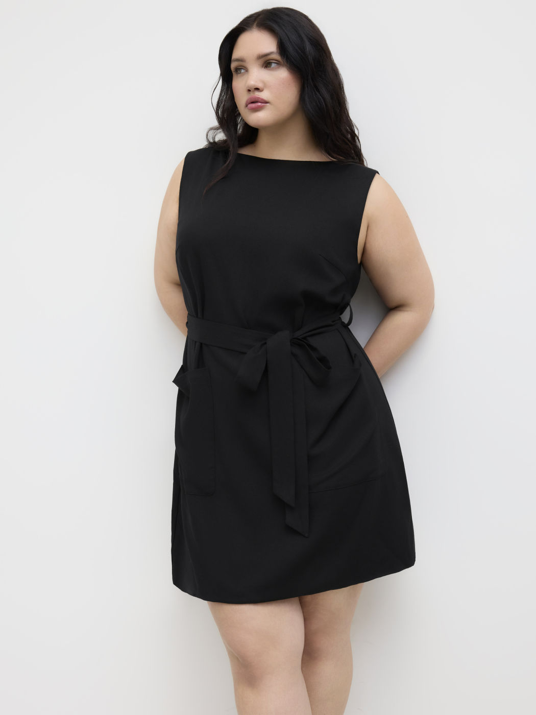 Linen-blend Boat Neck Mini Dress With Belt Curve & Plus