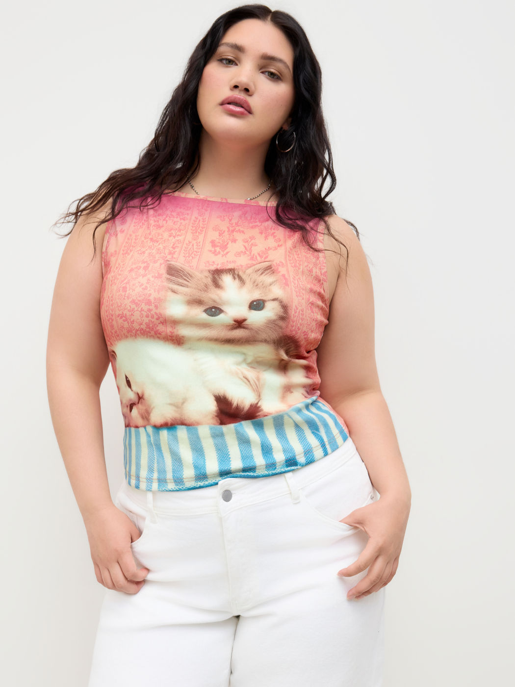 Cotton-blend Kitty Graphic Tank Top Curve & Plus