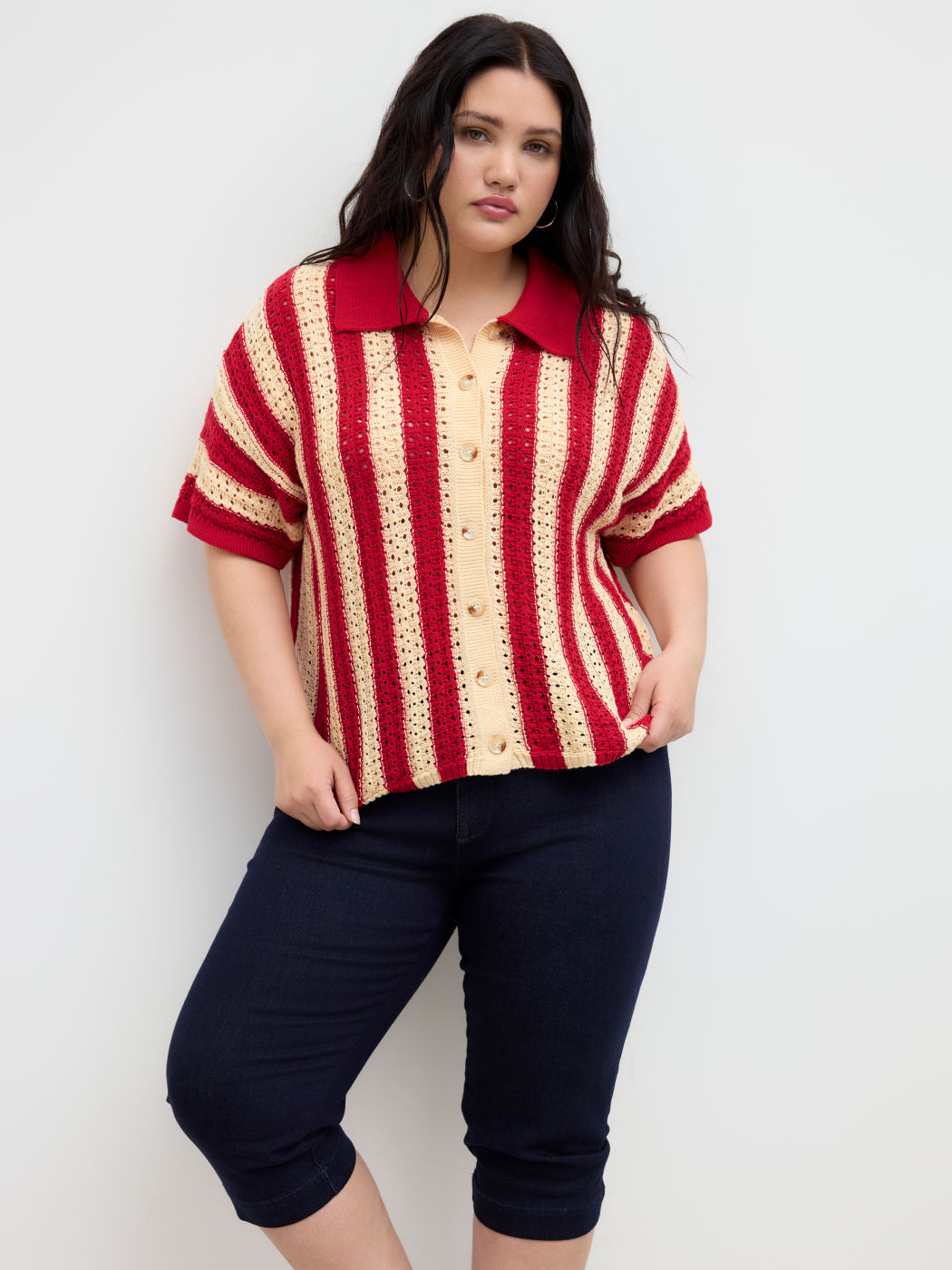 Knitted Stripe Button Hollow Out Oversized Cardigan Curve & Plus